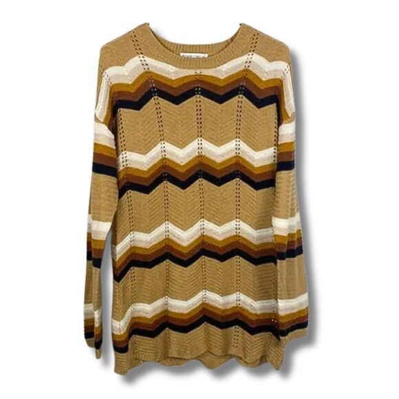 Inner Circle Brown and White Scoop Neckline Striped Sweater - Picture 1 of 6